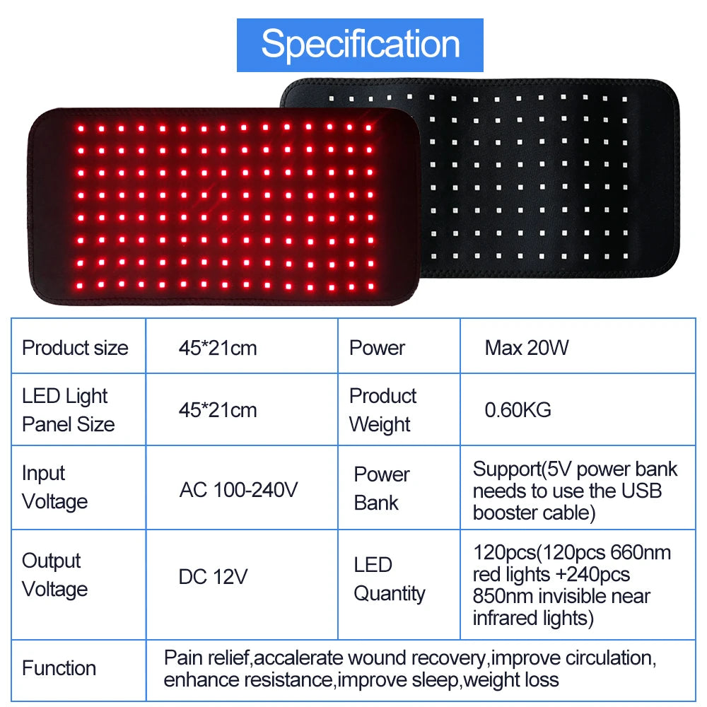 120 LEDs Red Light Belt Red＆Infrared 850nm 660nm Back Pain Relief Wrap Home Use Joint Muscle Relieve Beauty Health Tool