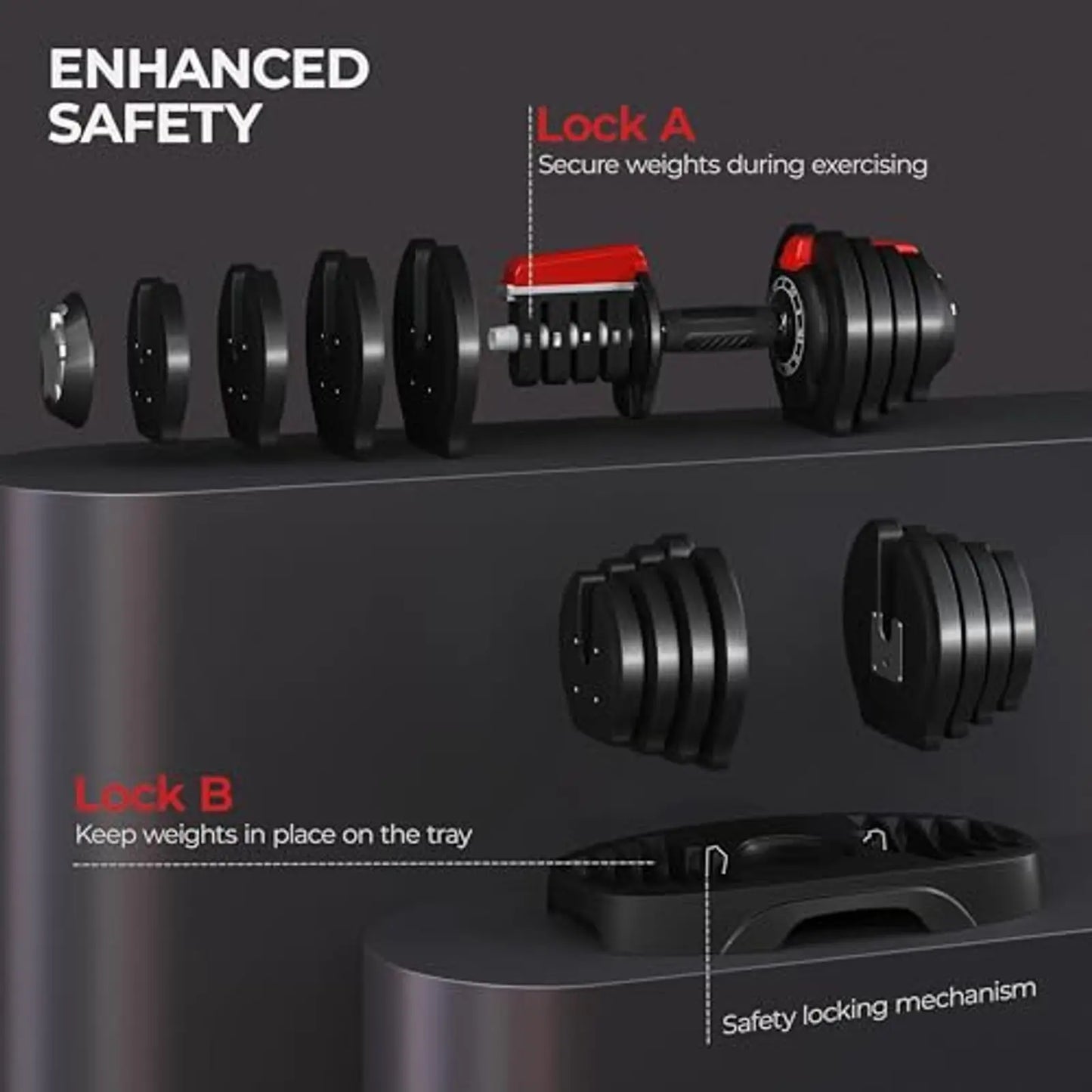 Adjustable Dumbbell Set 28/40/52.5/90 Lbs With Anti Slip Handle Tray