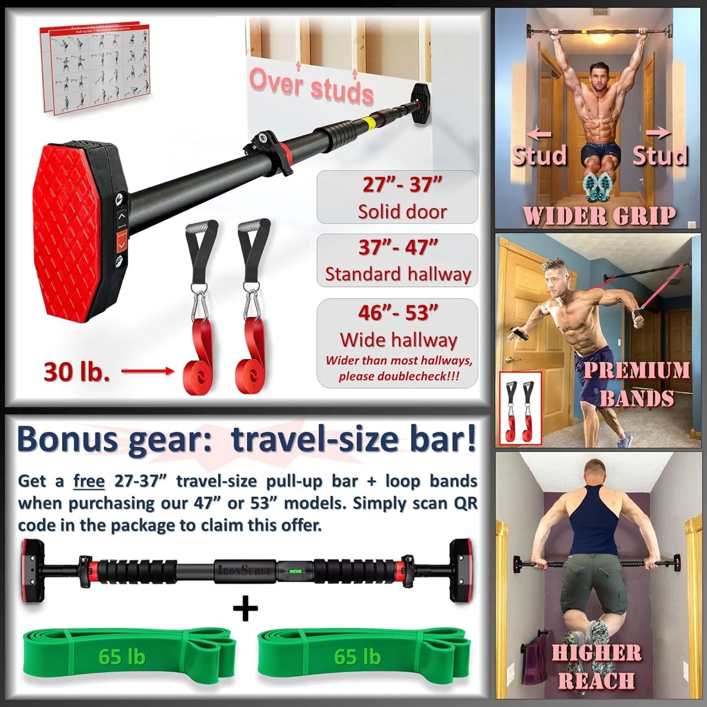37"-47" Pull Up Bar for Hallway or Doorway 6-piece Set with Two Attachable Resistance Bands/Handles, Training Manuals