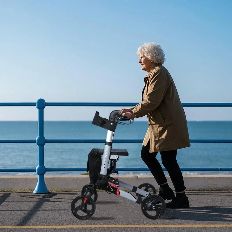 Heavy Duty Rollator Walker for Seniors with Seat,Foldable Rolling Walker for All Terrain Wheels,Adjustable Walking Shopping Cart