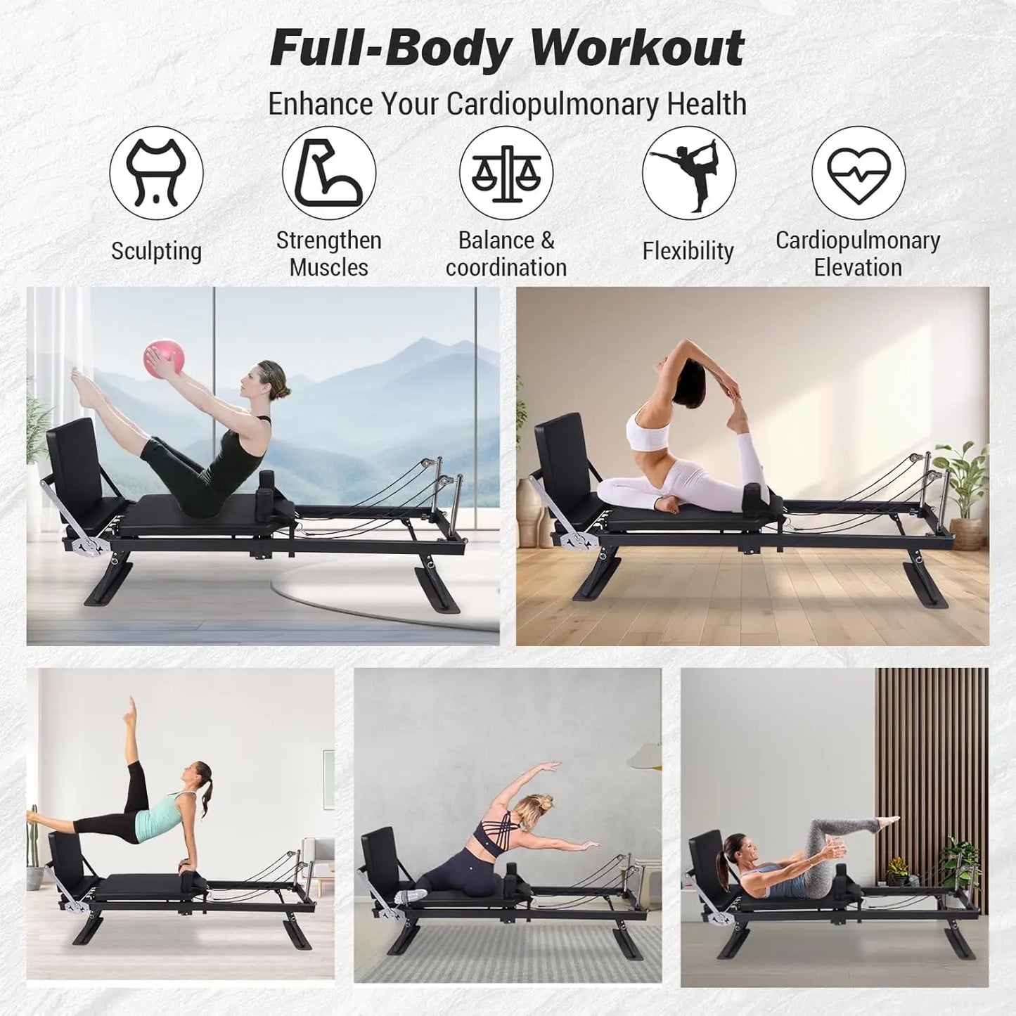 HiMISS Foldable Reformer Pilates Machine With Jump Boards Tension Ropes