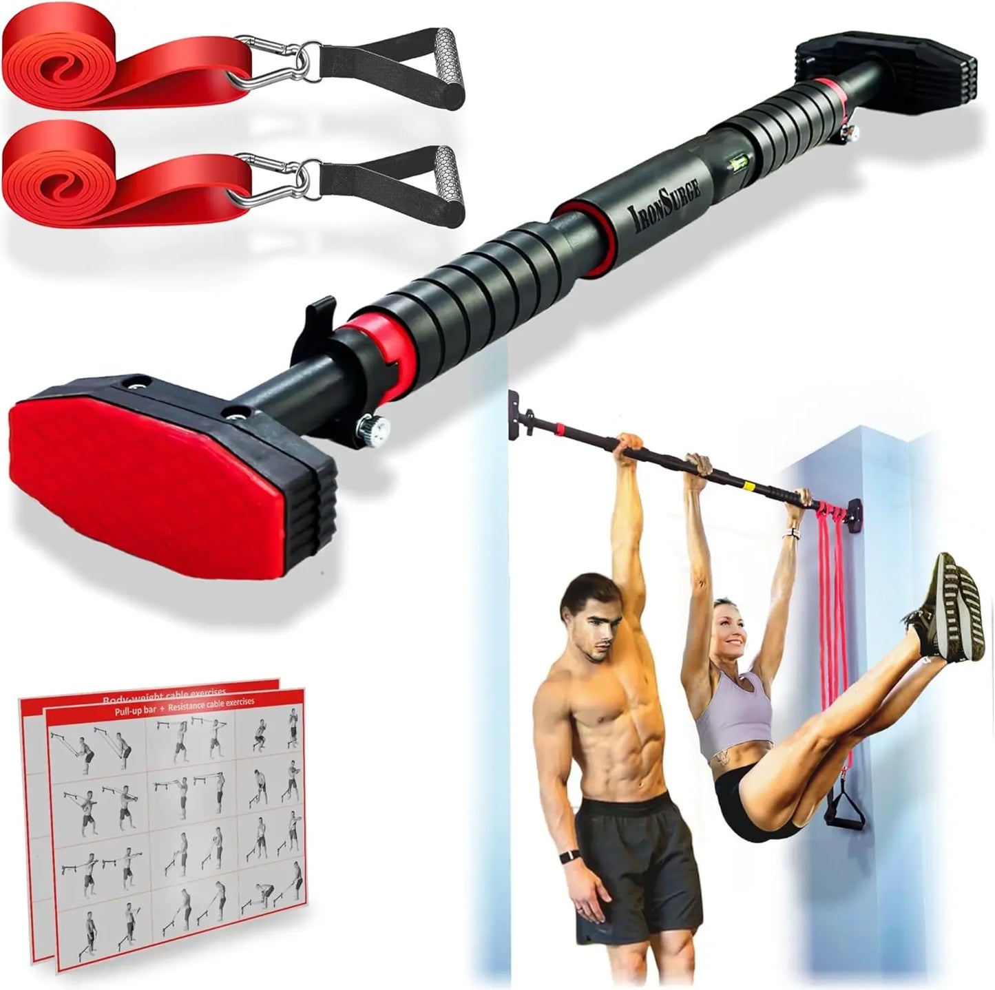 37"-47" Pull Up Bar for Hallway or Doorway 6-piece Set with Two Attachable Resistance Bands/Handles, Training Manuals