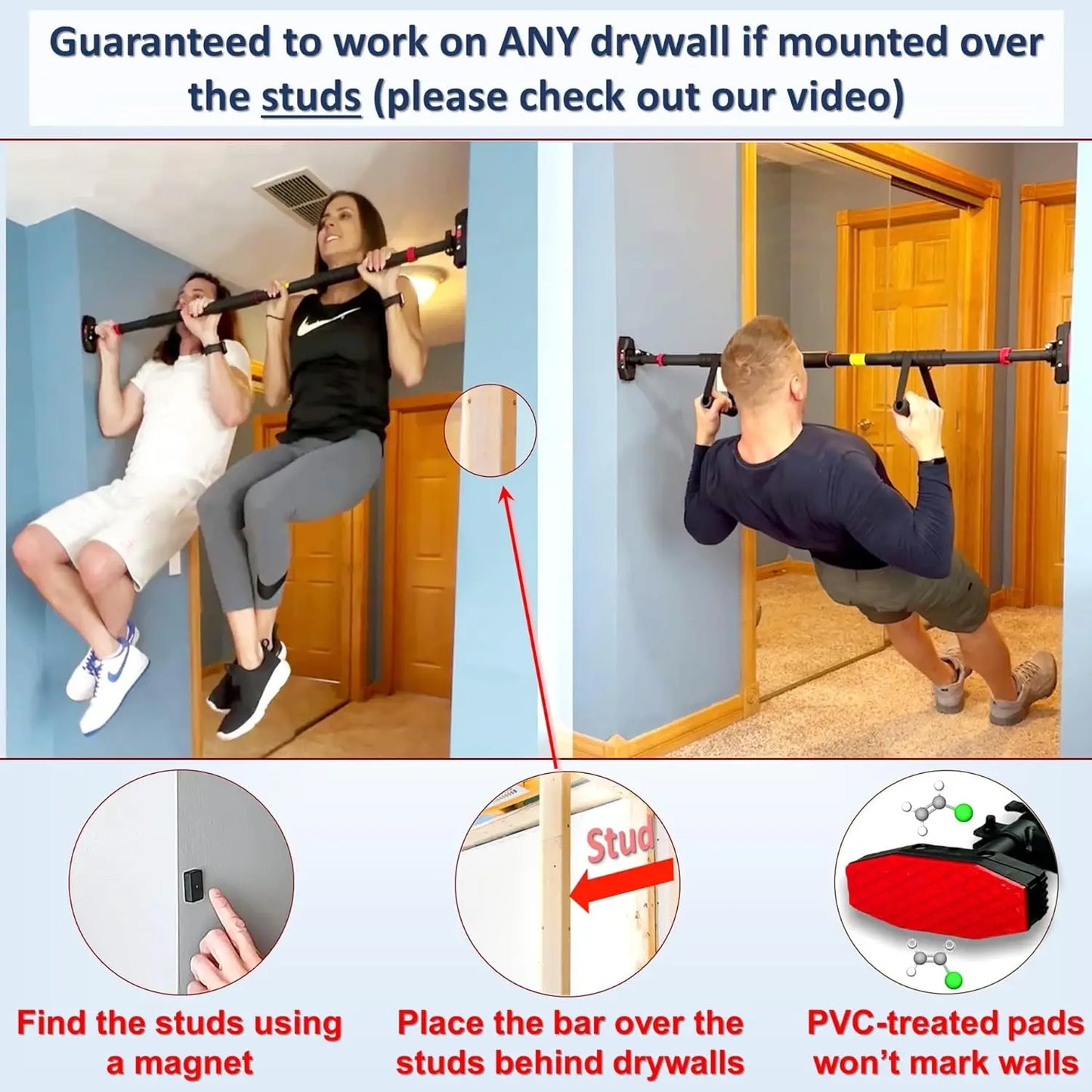 37"-47" Pull Up Bar for Hallway or Doorway 6-piece Set with Two Attachable Resistance Bands/Handles, Training Manuals