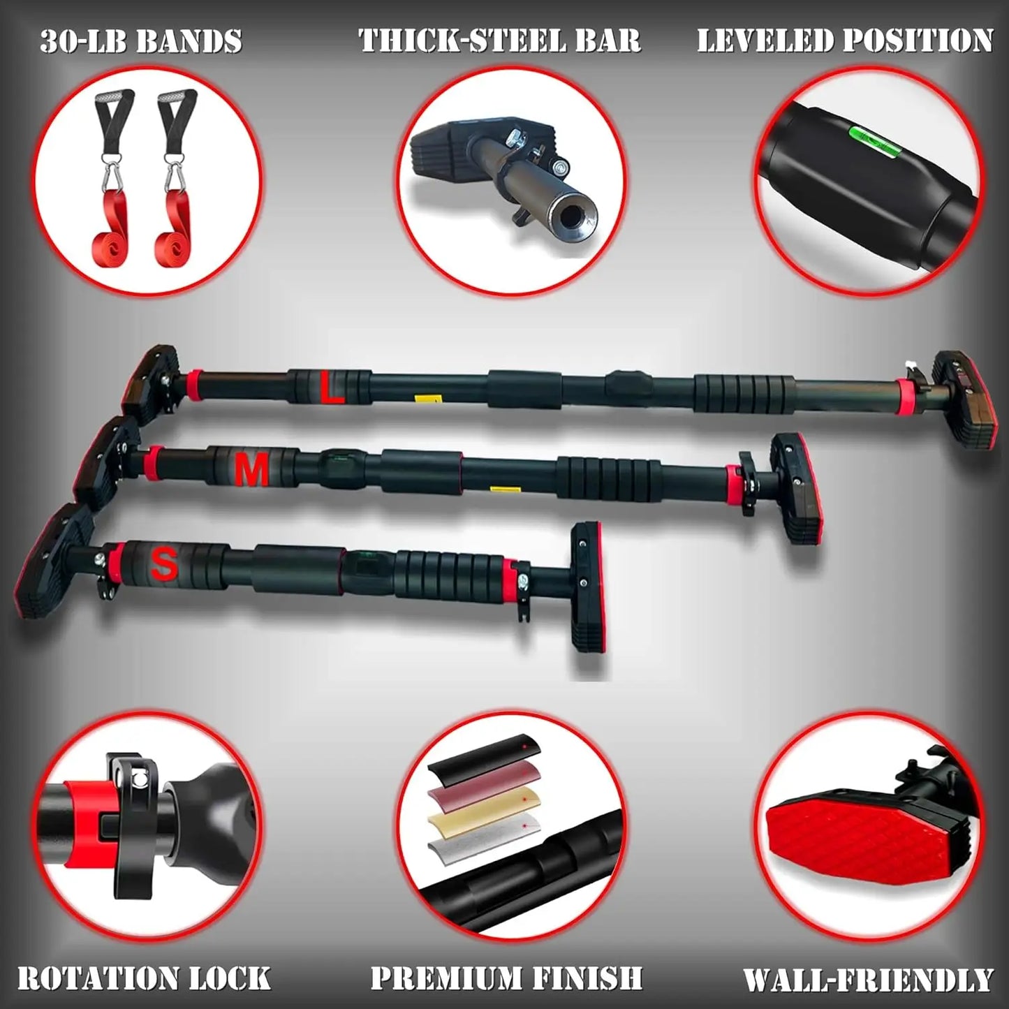37"-47" Pull Up Bar for Hallway or Doorway 6-piece Set with Two Attachable Resistance Bands/Handles, Training Manuals