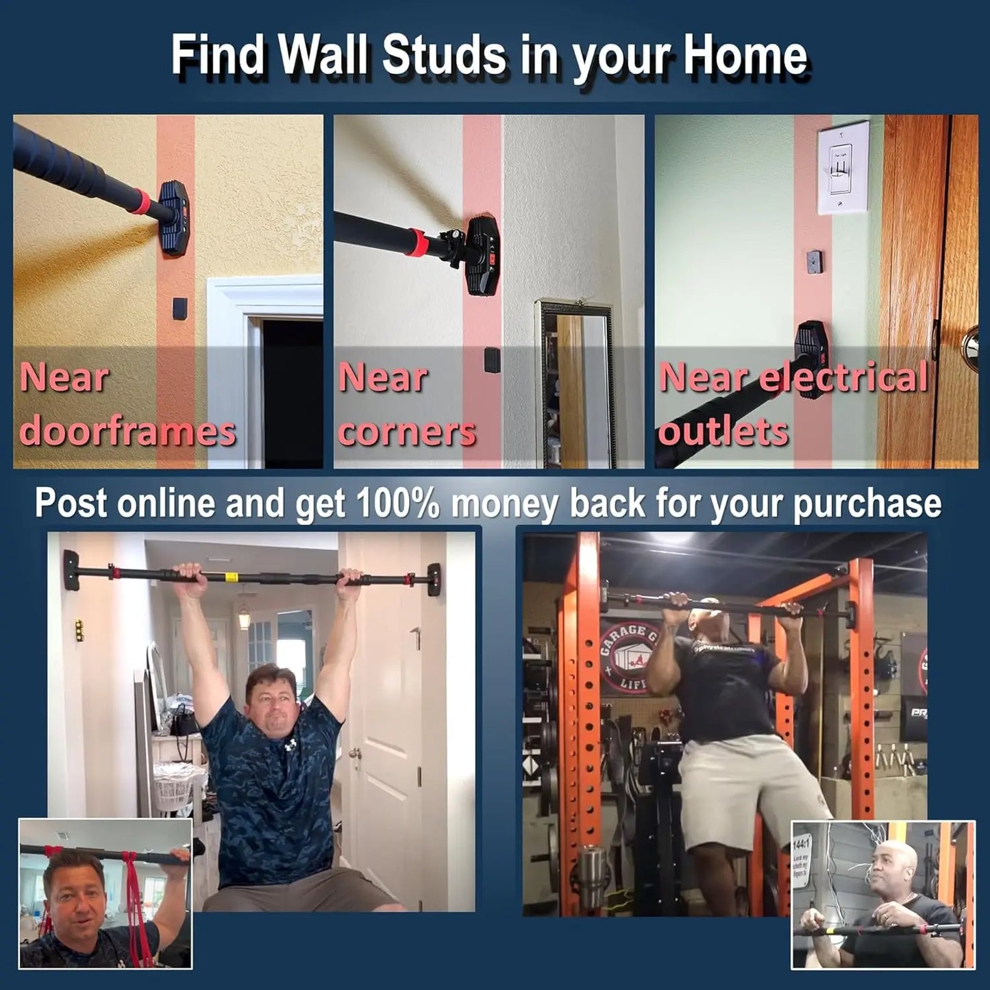 37"-47" Pull Up Bar for Hallway or Doorway 6-piece Set with Two Attachable Resistance Bands/Handles, Training Manuals